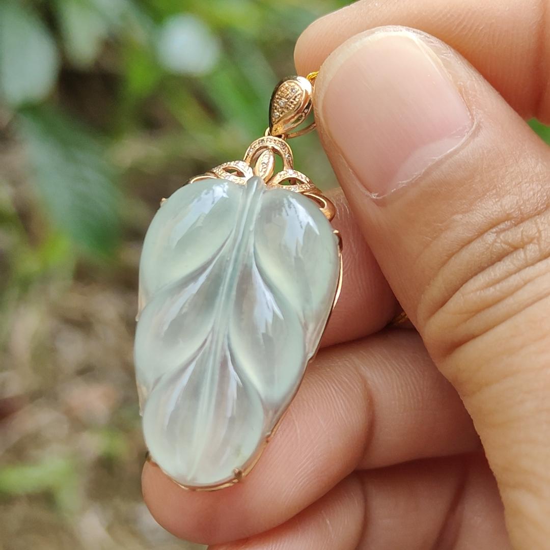 Premium Quality Icy Translucent Light Green Hue Natural Type A Jadeite Jade crafted as Leaf set on 18k Gold as Pendant, certificate weighs 5.07 grams, measurement 40.5 * 18 * 7.5 mm (18kp42)