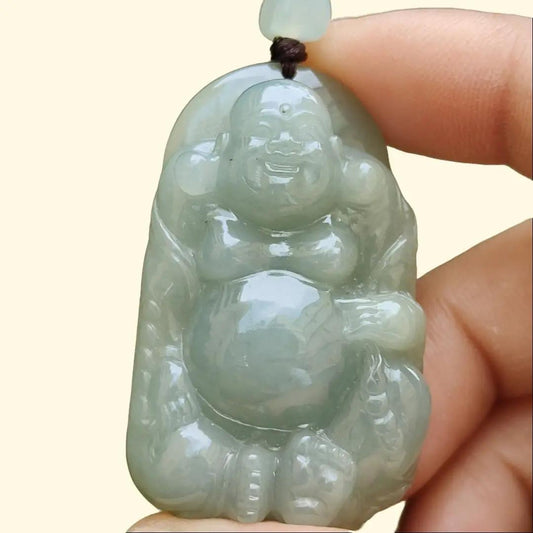 Light Green Natural Type A Jadeite Jade crafted with Milo Buddha as Pendant, certificate weighs 27.52grams, measurement 44.3 * 27.9 * 11.6 mm (pendant248)