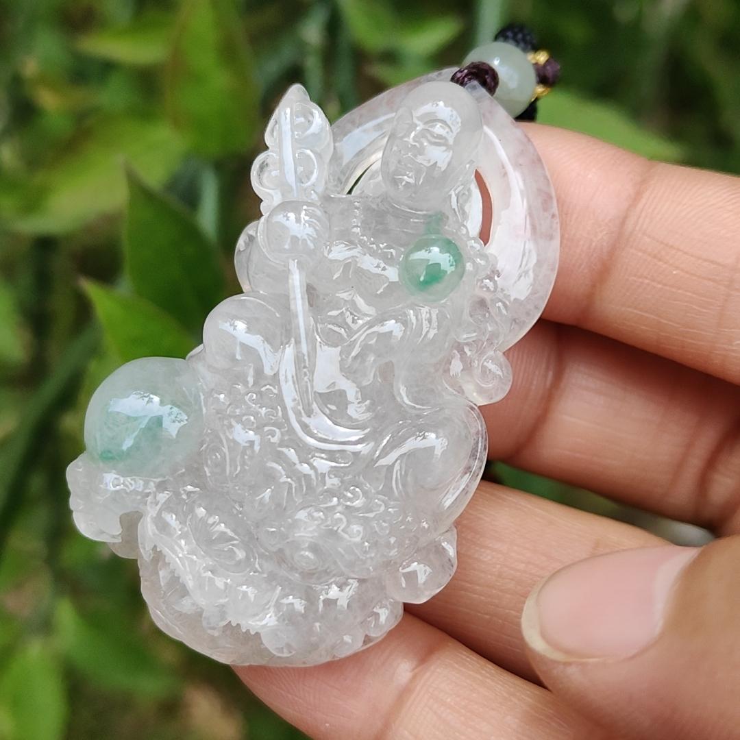 Icy Variety with Glossy Good crafted as Translucency Ksitigarbha Bodhisattva Pendant Necklace with green patches, a Natural Type A Jadeite with certificate included weigh 31.44 grams, 53.3 * 33.2 * 12.3 mm, good for collection or daily wear