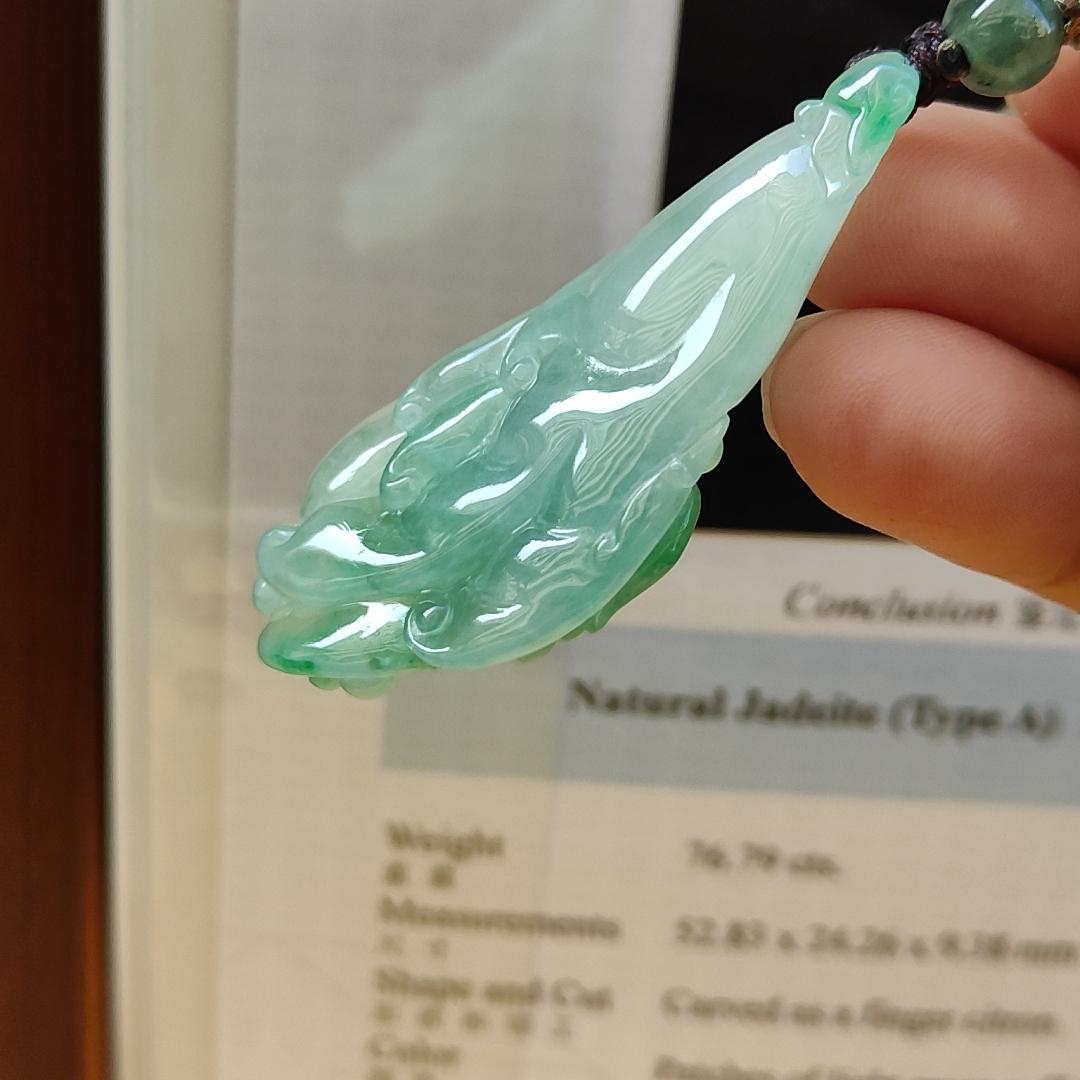 Very Beautiful Finger Citron Natural Type A Jadeite pendant jewelry  with NGI Gemstone report weight 76.79 grams 52.83 * 24.26 * 9.38 mm - Highly Translucent very fine grain with patches of light green suffused to a paler ground (pendant151)