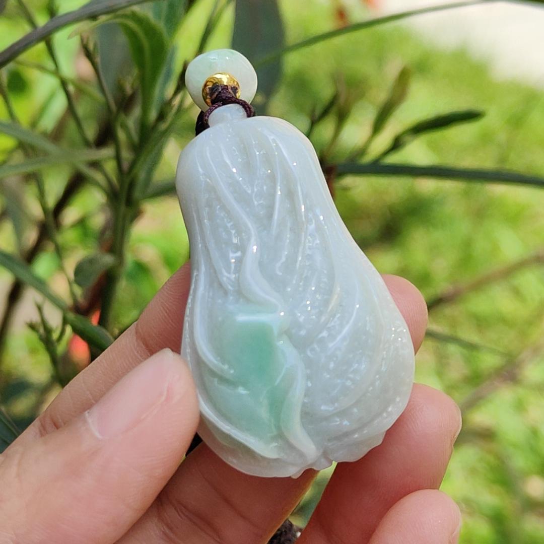 Crafted as Chinese cabbage with patches of light green Natural Type A Jadeite Pendant Necklace with GIC approved labs certificate weigh 31.92 grams, 46.8 * 27.3 * 18 mm, symbols of Boosts wealth, purity, and good weather, suitable for daily wear