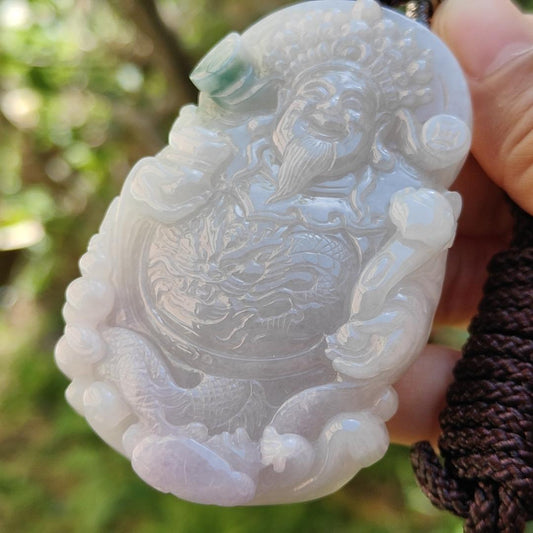 Premium Quality Lavender and Green Natural Type A Jadeite Pendant Necklace crafted with Big Fortune God Holding Ruyi with certificate weigh 77.38 grams, 70 * 47 * 11.8 mm (pendant35)