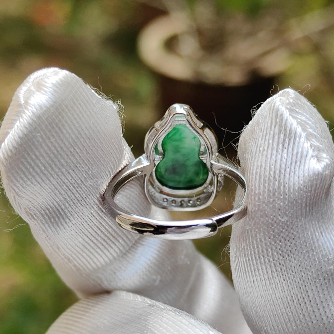 Special Sales - Quality Semi Icy Spicy Green Natural Type A Jadeite Jade crafted as Gourd set on S925 Silver with Zircon, Finger size adjustable, certificate weigh 2.59 grams, 12 * 9.9 * 2.5 mm (s925ring6)