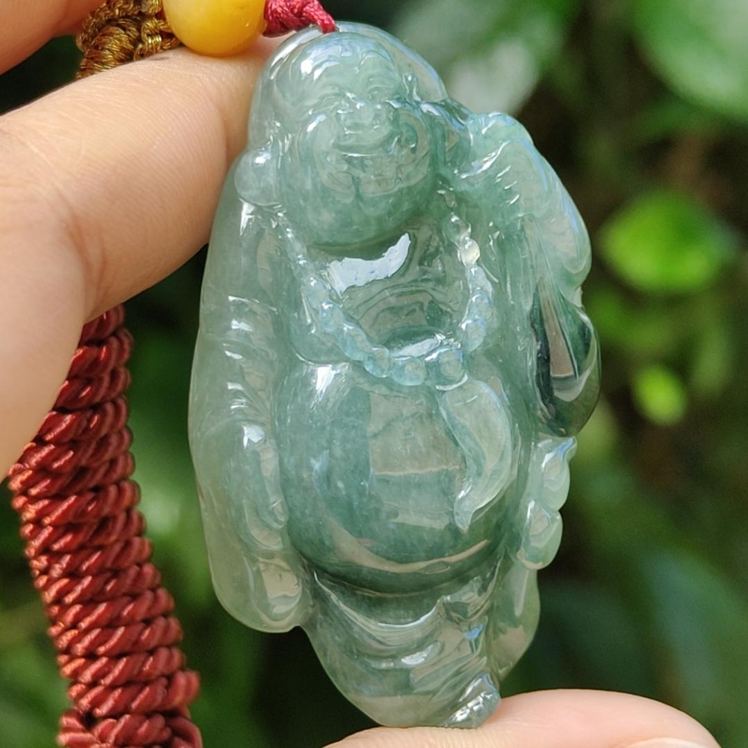 Green Natural Type A Jadeite Jade crafted with Milo Buddha as Pendant, certificate weigh 24.11 grams, measurement 51.2 * 31 * 10.5 mm (pendant239)