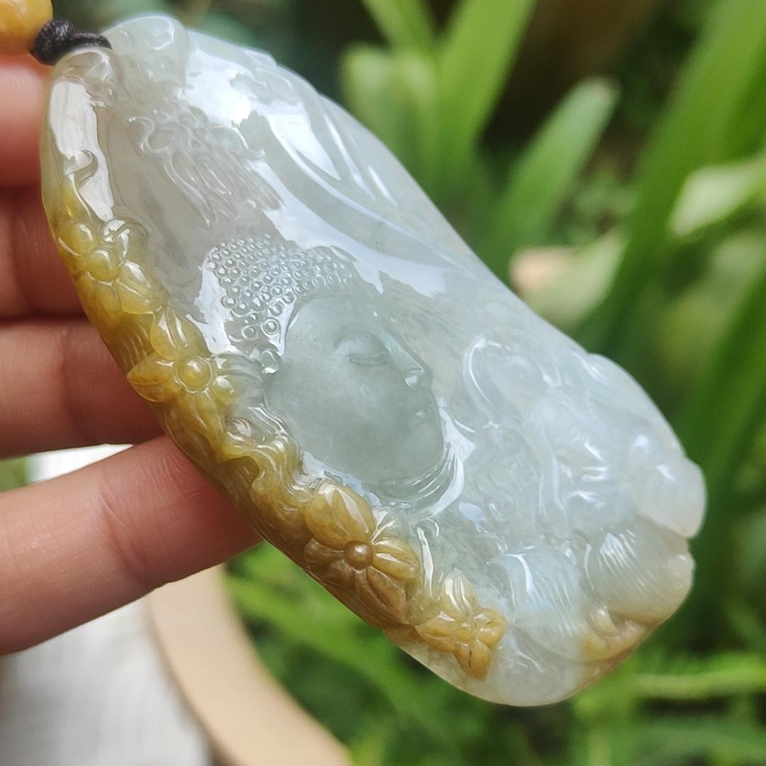 High Quality Yellow with Light Green Natural Type A Jadeite Jade crafted with Buddha and Monk as Pendant, certificate weigh 54.87 grams, measurement 71.6 * 35.6 * 9.5 mm (pendant262)