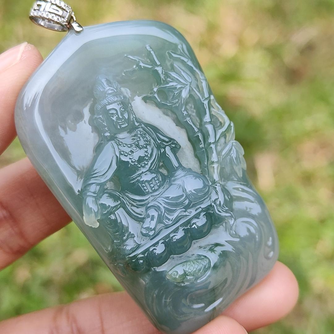 Premium Quality Semi Icy Light Green Natural Type A Jadeite Jade crafted with Guanyin as pendant, certificate included weigh 45.05 grams, measurement 56 * 35.6 * 11.8 mm (18kp24)