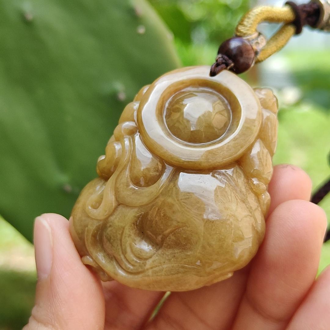 Rare Full Brown Natural Type A Jadeite Pendant crafted as Milo with two kids means Happiness for the family and Longevity, wealth and health, with certificate weighs at 61.27 grams, 48.50 * 41 * 21.60 mm (pendant110)