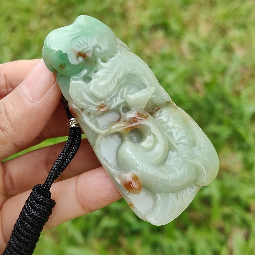 Green with Red Patches Natural Type A Jadeite Pendant Necklae Crafted with Old School Phoenix and ruyi with certificate weigh 50.24 grams, 67.7 * 35 * 11.8 mm, symbols of Good luck and a good life noble authority (pendant23)