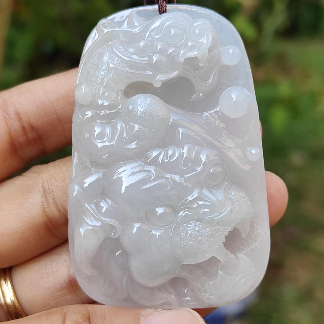 Rare Old Collection White Natural Type A Jadeite Jade crafted with Dragon and Tiger as Pendant, Certificate weigh 44.48 grams, Measurement 60.5 * 40.2 * 9.5 mm (pendant218)