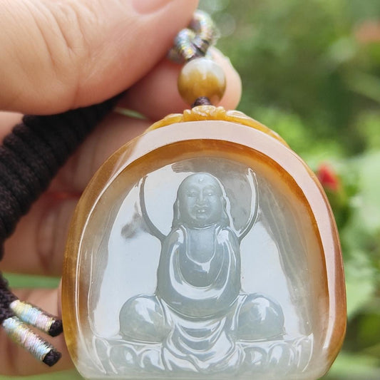 Rare old yellow Natural type A jadeite pendant with certificate carved as buddha seating on lotus weight 26.99 grams, 38.20 * 34.20 * 8.80 mm suitable for daily wear (pendant122)