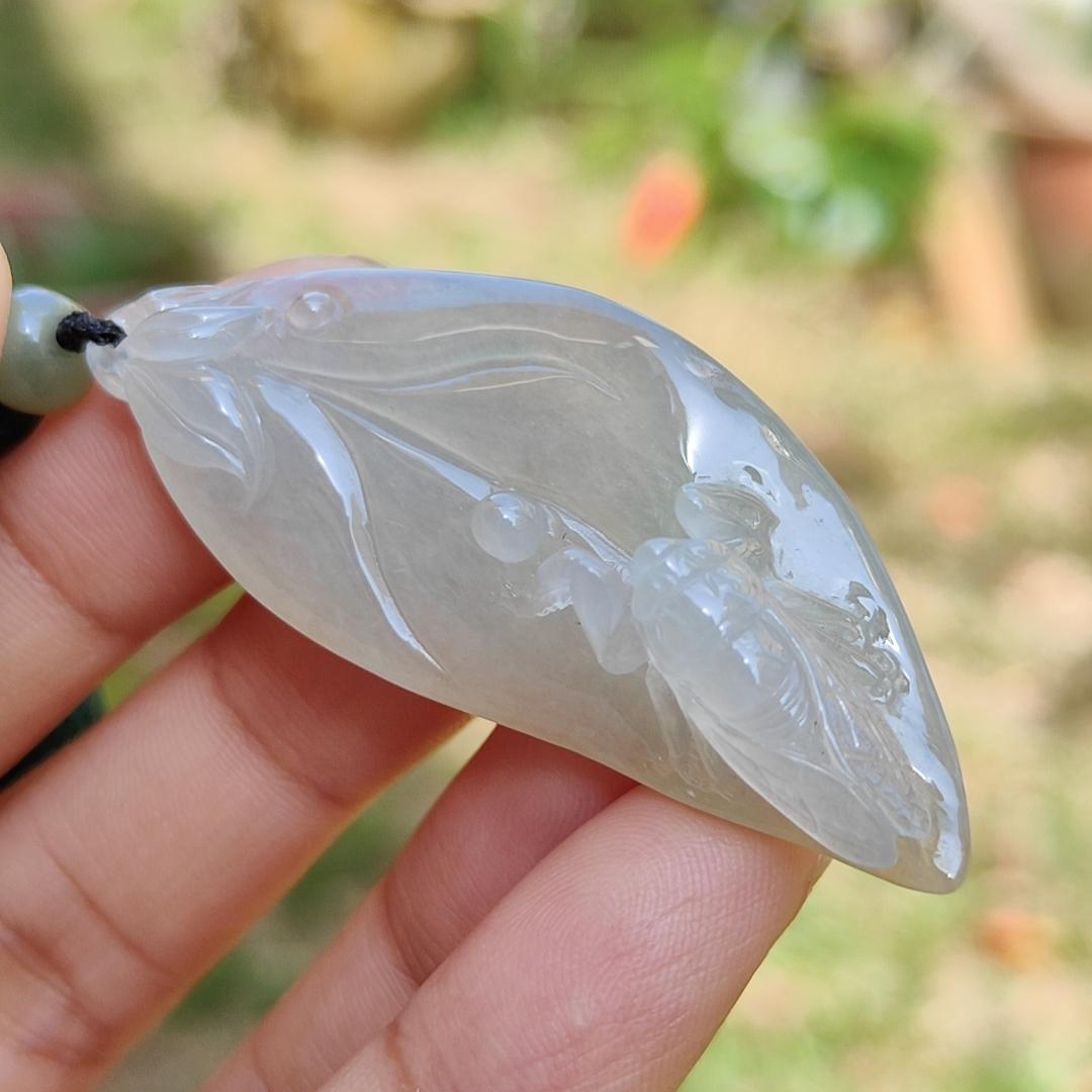 Icy Translucent with Yellow Patches Natural Type A Jadeite Jade crafted with leaf and Cicada as a Pendant, certificate weigh 13.68 grams, measurement 52 * 21.7 * 11.8 mm (pendant224)