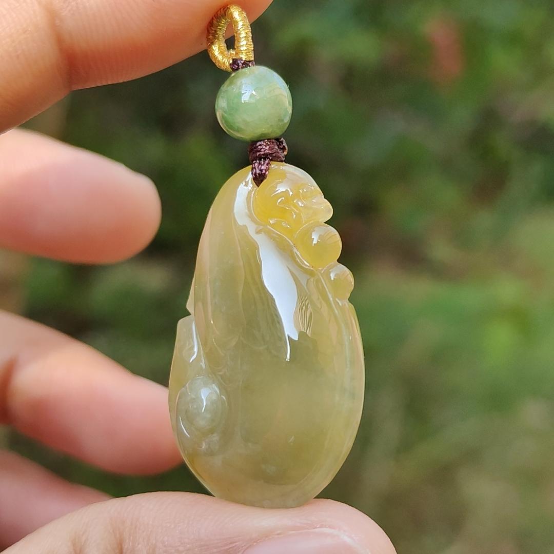 Rare Yellow Natural Type A Jadeite Jade crafted with Dragon Playing with Pearls as Pendant, certificate weigh 6.33 grams, measurement 32 * 21 * 6.5 mm (pendant217)