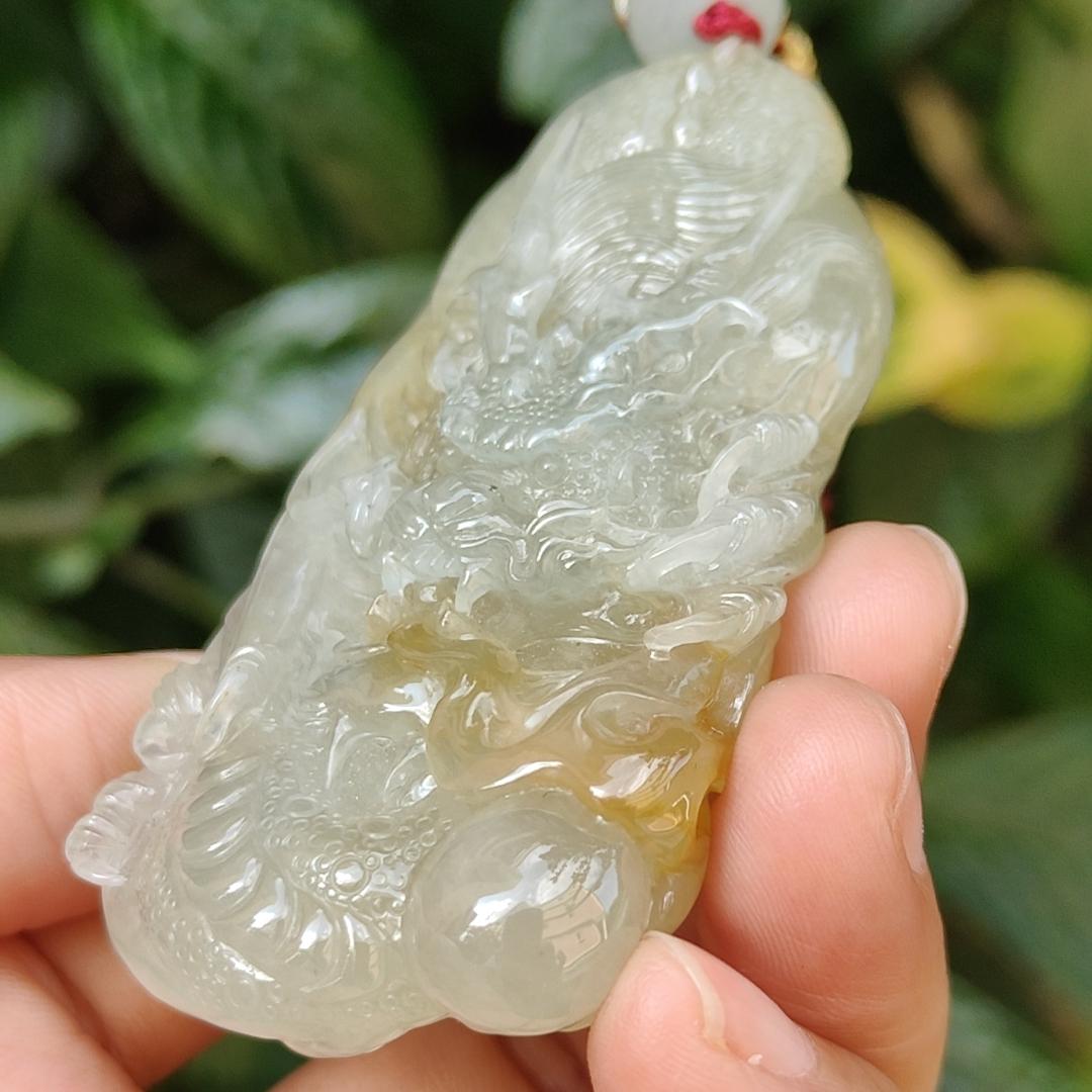 Premium Quality Yellow Natural Type A Jadeite Jade crafted with Dragon as Pendant, certificate weighs 53.72 grams, measurement 67.3 * 37.5 * 12.9 mm (pendant240)