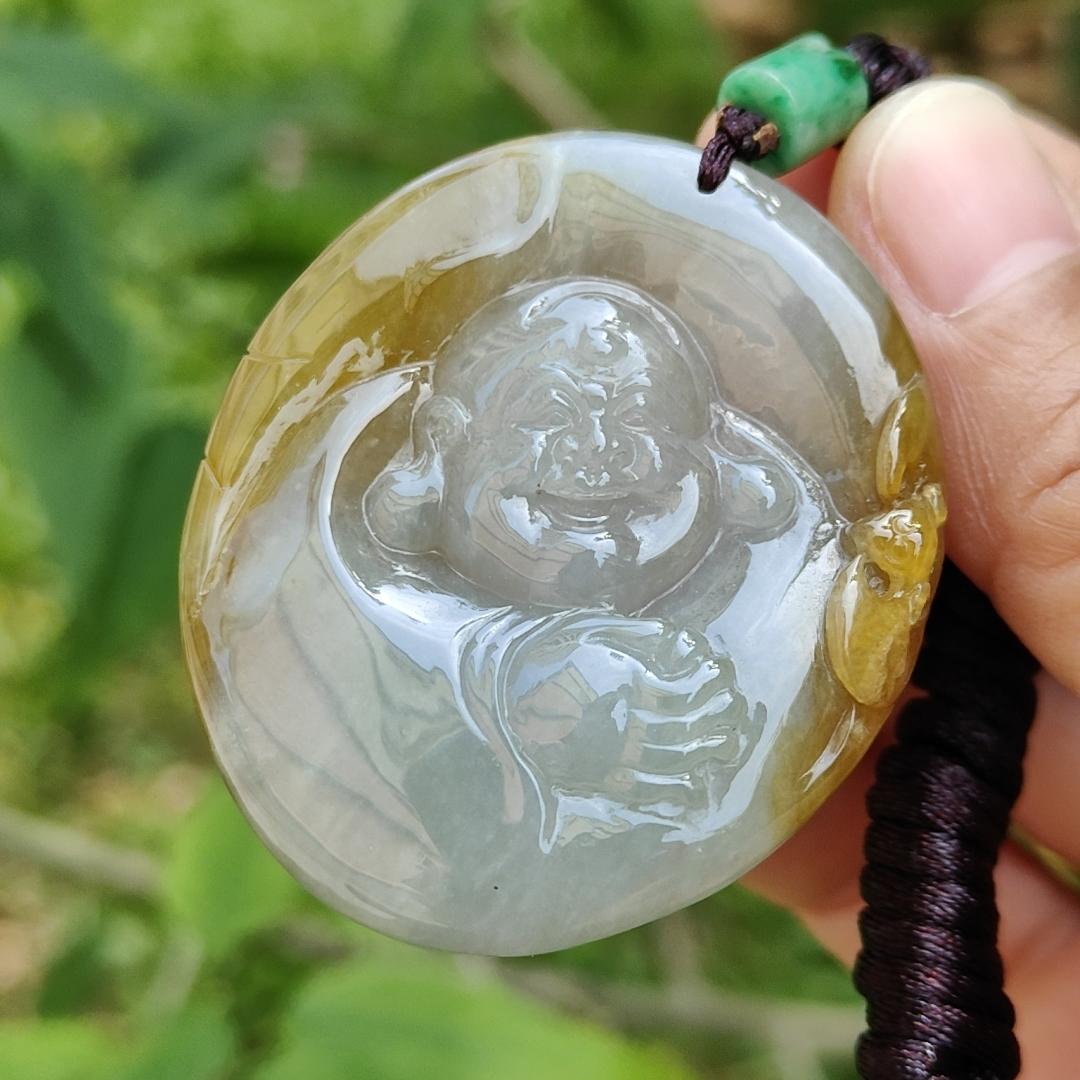 Collectible Yellow with light green Natural Type A Jadeite Jade Pendant Necklace crafted as Milo Buddha, certificate included weigh 38.28 grams, measurement 48.7 * 42.8 * 11 mm (pendant184)