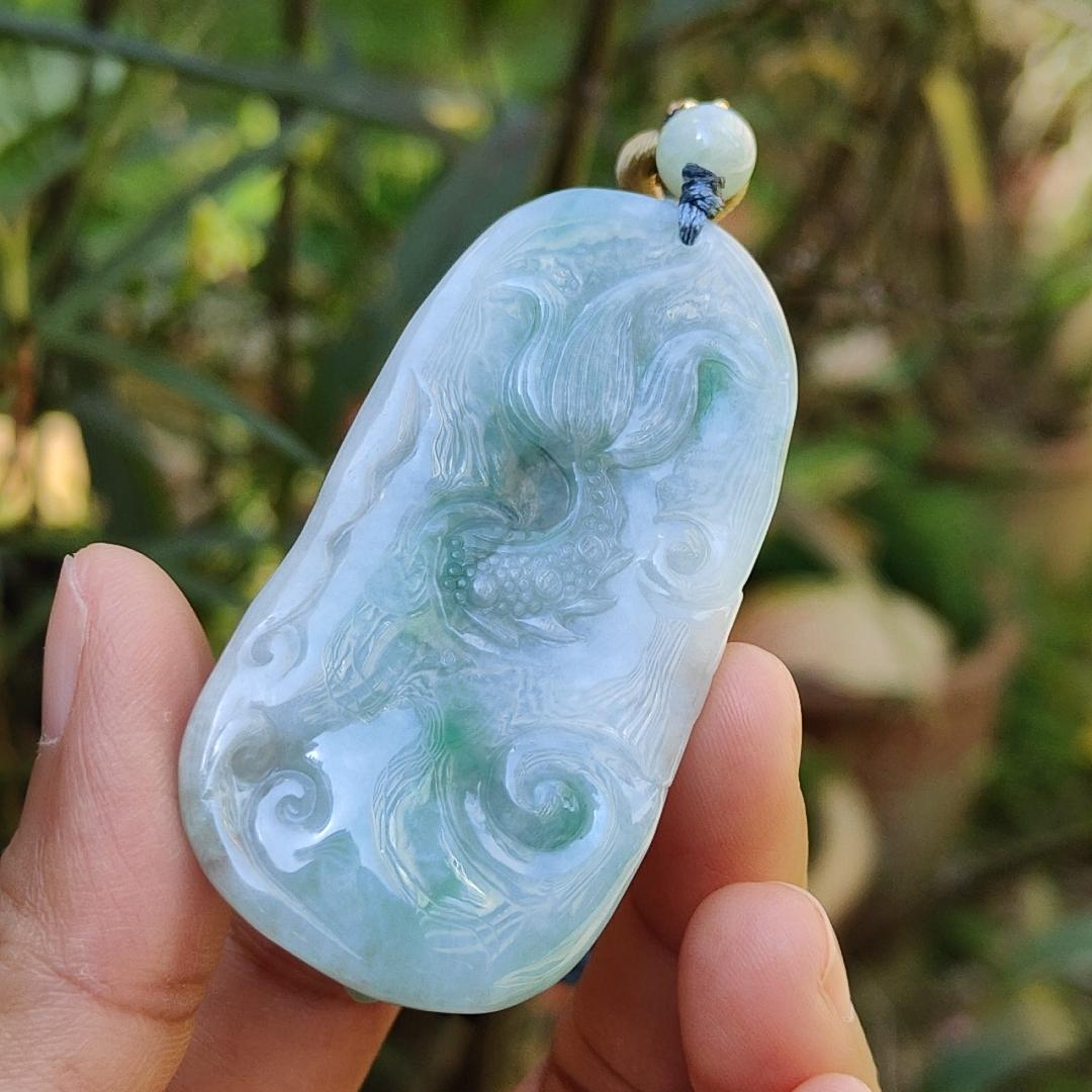 Blueish Green Natural Type A Jadeite Pendant Necklace crafted with Dragon and Fengshui Wheel, with GIC approved certificate weigh 39.57 grams, 58 * 29.8 * 12.6 mm, suitable for daily wear (pendant61)