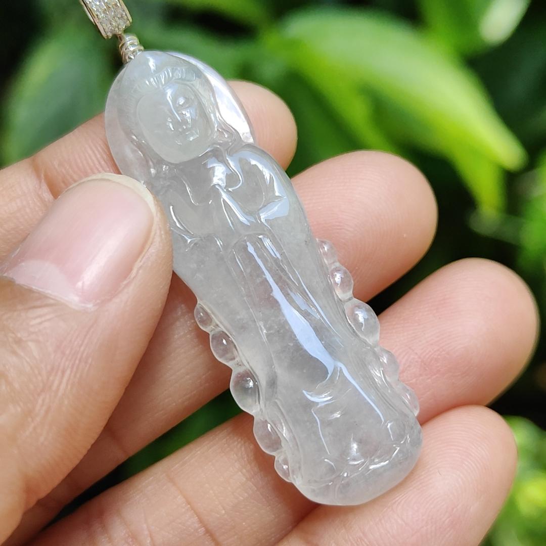 High Quality Icy Translucent Natural Type A Jadeite Jade crafted as Standing Guanyin, S925 clasp added as Pendant, certificate weighs 7.79 grams, measurement 45.7 * 14.8 * 6.3 mm (pendant269)