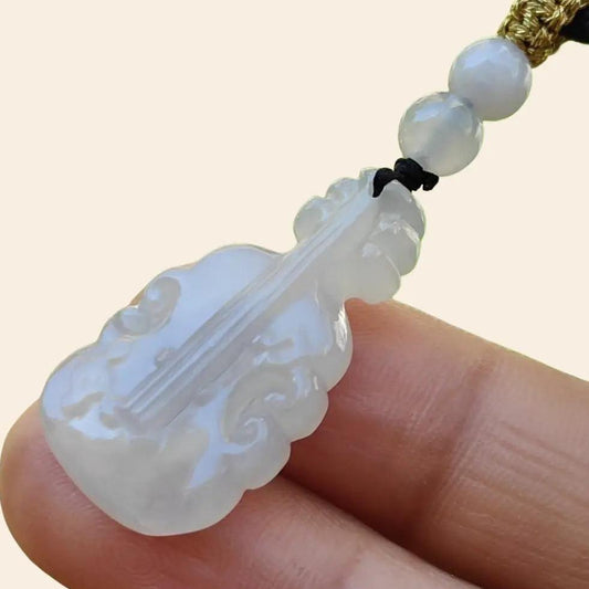 Super Rare Pure White Semi Icy Natural Type A Jadeite Jade crafted as Violin Pendant, certificate weighs 3.92 grams, measurement 27.7 * 15 * 5.3 mm (pendant256)