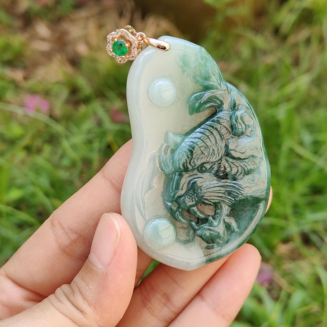 Very Rare Green Tiger Natural Type A Jadeite Pendant with certificate weight 32.24 grams, 62.70 * 41 * 7.60 mm, excellent for the tiger's lover collection for your daily wear (pendant113)