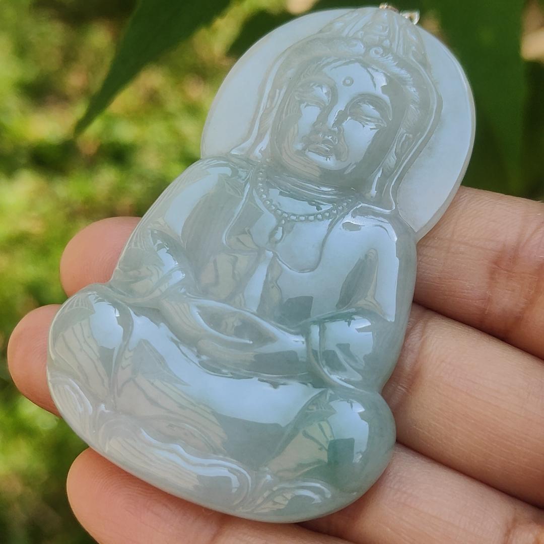 Old school Light Green Natural Type A Jadeite Jade Pendant Necklace Crafted as Guanyin with certificate weigh 33.21 grams, measurement 66 * 42.7 * 6.8 mm (pendant188)