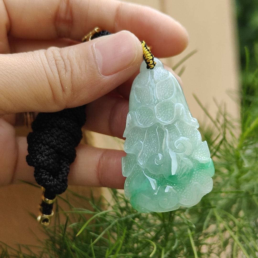 Premium quality White with green patches Ruyi Cabbage Natural Type A Jadeite Pendant with NGI Gemstone report weight 124.96 grams, 49.88 * 27.31 * 15.96 mm , Translucent fine grain crystal aggregate (pendant134)