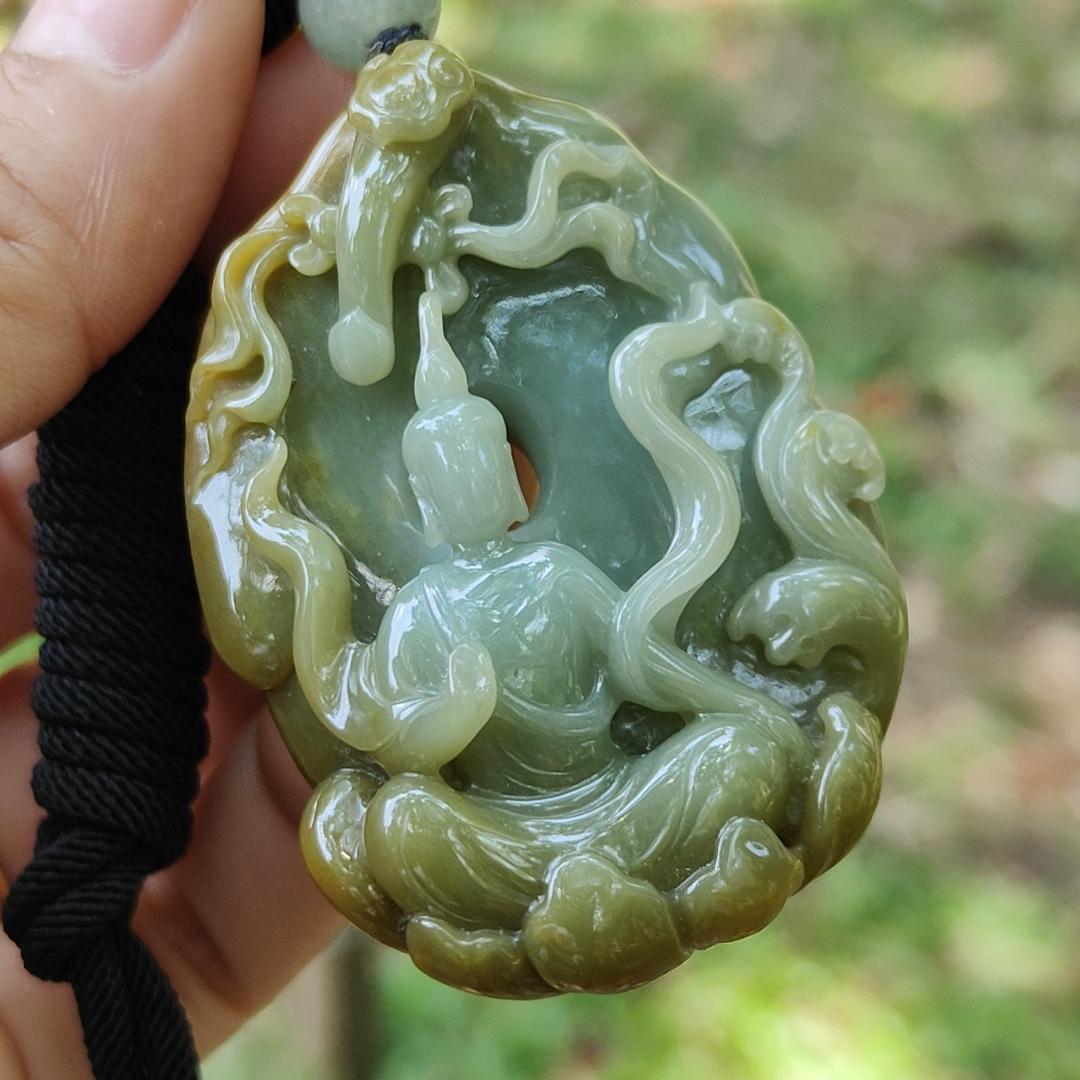 Good Quality Yellow and Green Natural Type A Jadeite Jade crafted with Ruyi and Faceless Buddha as Pendant, QIC approved labs certificate weigh 45.18 grams, measurement 53.1 * 38.3 * 14.8 mm (pendant273)