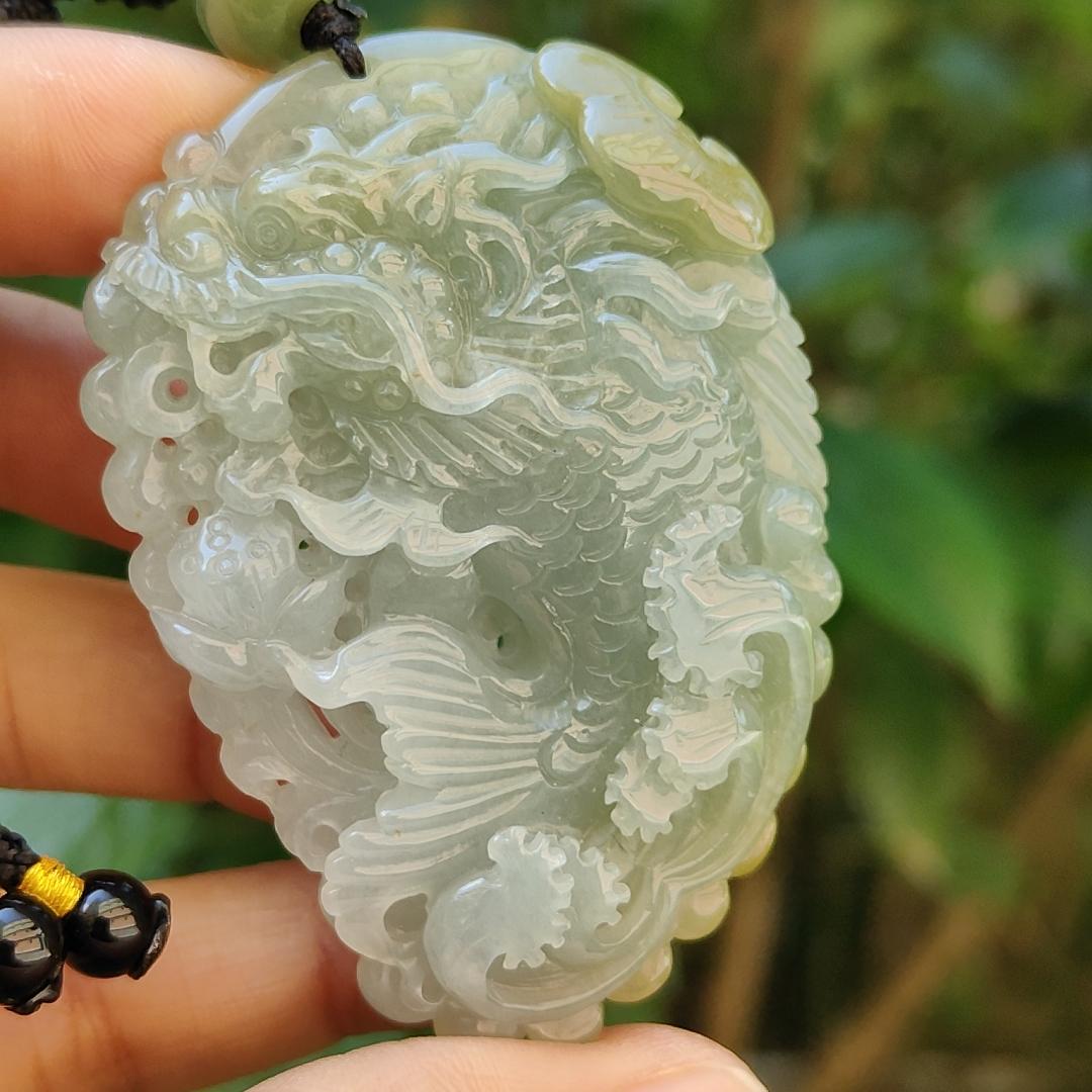 Tea Green Yellow Natural Type A Jadeite Pendant Carved as Dragon Head Fish Body meaning Prosperity, wealth and happiness with certificate weighs 49.67 grams, 62.60 * 43.50 * 12.10 mm (pendant93)