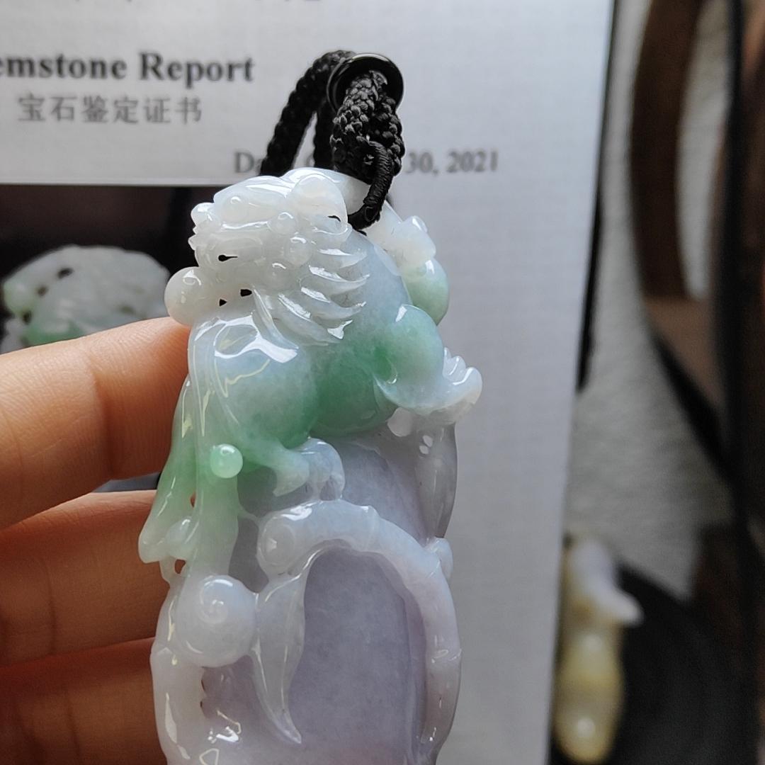 Dual Tone Bamboo with Kirin Natural Type A Jadeite Pendant with Gemstone report from NGI weighs at 253.32 grams , 60.70 * 33.75 * 12.81 mm , Translucent light lavender with light green patches pendant for your collections (pendant149)