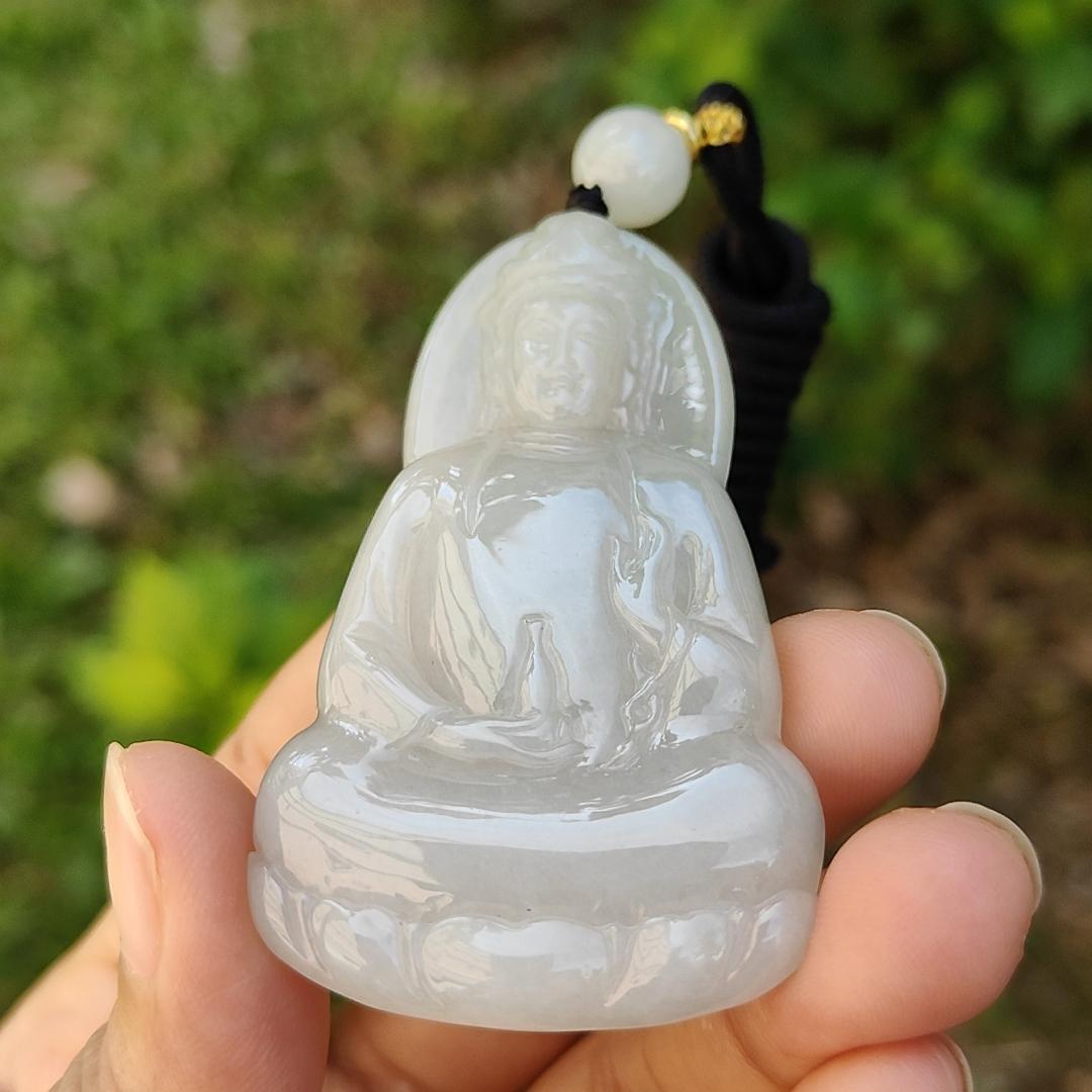 Semi Icy Natural Type A Jadeite Pendant carved as Guanyin with certificate weighs 23.87 grams, 60.3 * 37.1 * 6.2 mm, represents Compassion, wisdom and peace, suitable for daily wear (pendant83)