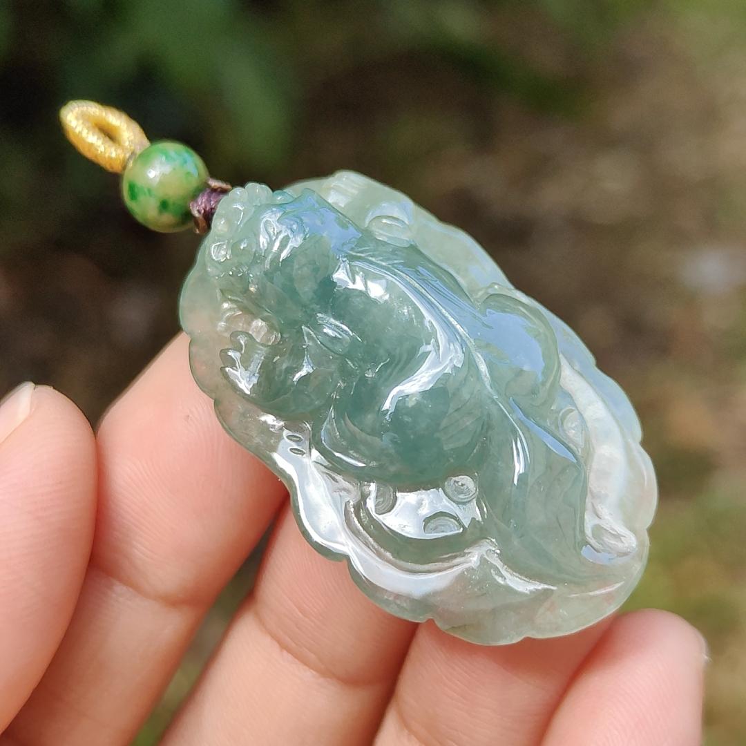 Green Natural Type A Jadeite Jade crafted with Pixiu as Pendant, certificate weighs 12.84 grams, measurement 40 * 23.8 * 10 mm (pendant251)