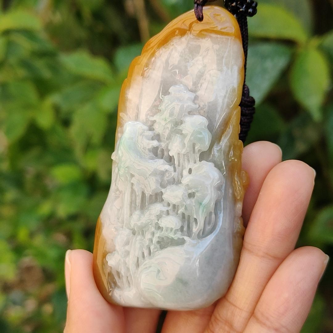 Premium Quality Yellow Natural Type A Jadeite pendant with fortune god, mountain and trees, symbolize the blessing of good fortune, eternal strength, and continuous growth, certificate weigh 77.61 g, 76.10 * 39 * 19.30 mm, symbol of prosperity (pendant81)