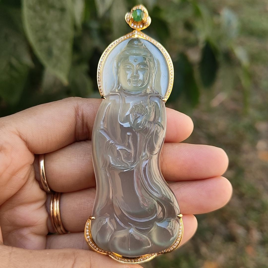 Super Rare Premium High Quality Light Green with Green Natural Type A Jadeite Jade crafted as Standing Guanyin set on 18k Gold with diamonds and one green cabochon, certificate weigh  27.19 grams, measurement 89.9 * 33.2 * 11.9 mm (18kp34)