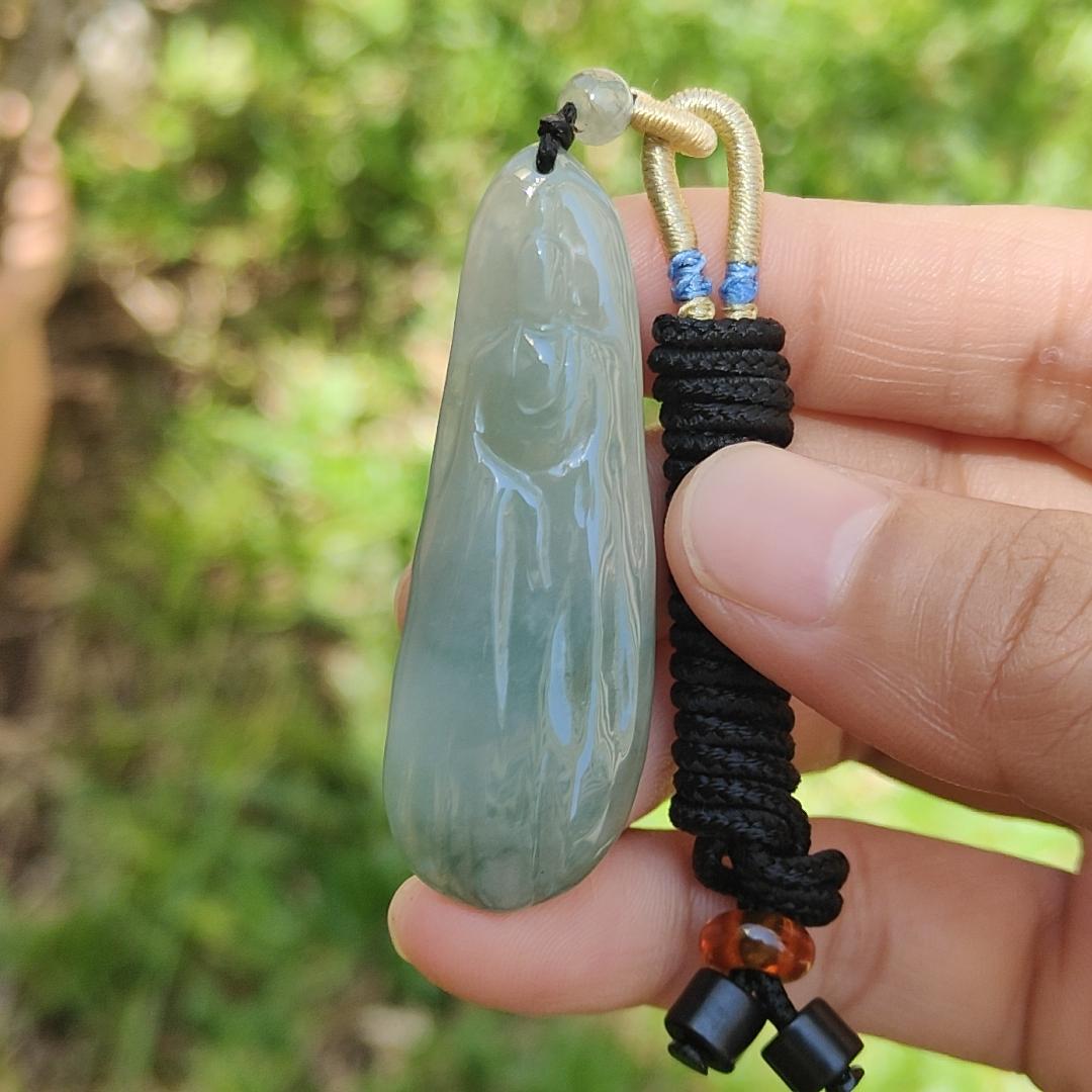 Light Green Natural Type A Jadeite Jade Pendant Necklace crafted with faceless Guanyin with QIC labs approved certificate weigh 11.82 grams, measurement 52 * 17.7 * 5.7 mm (pendant175)