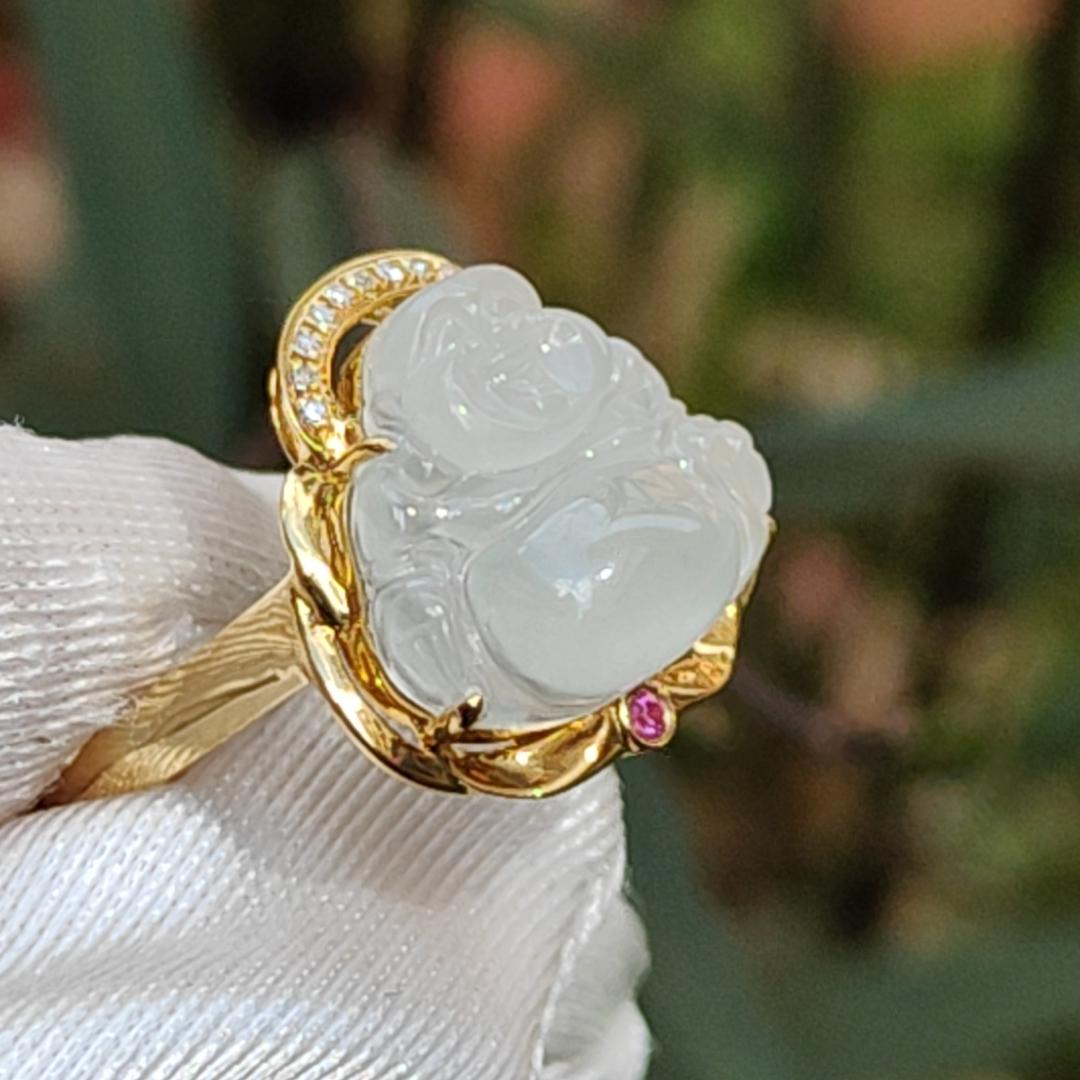 Premium Rare old pit Icy Natural Type A Jadeite Cabochon crafted as Laughing Buddha setting on G18K Gold as Ring with finger size 17.6mm, Certificate included weigh 3.23 grams, Jade measurement 12.8 * 14.8 * 4.1 mm (18kring5)