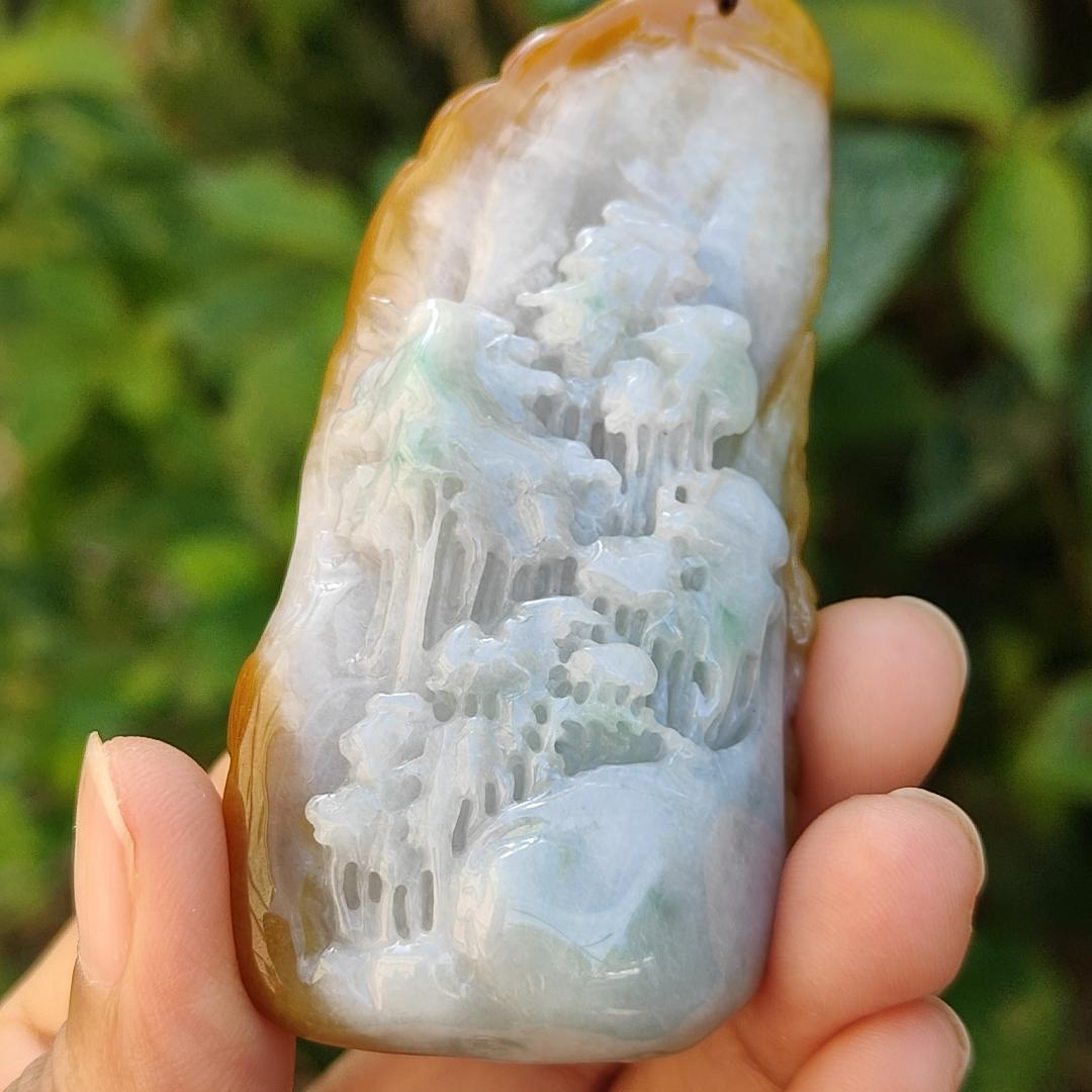 Premium Quality Yellow Natural Type A Jadeite pendant with fortune god, mountain and trees, symbolize the blessing of good fortune, eternal strength, and continuous growth, certificate weigh 77.61 g, 76.10 * 39 * 19.30 mm, symbol of prosperity (pendant81)