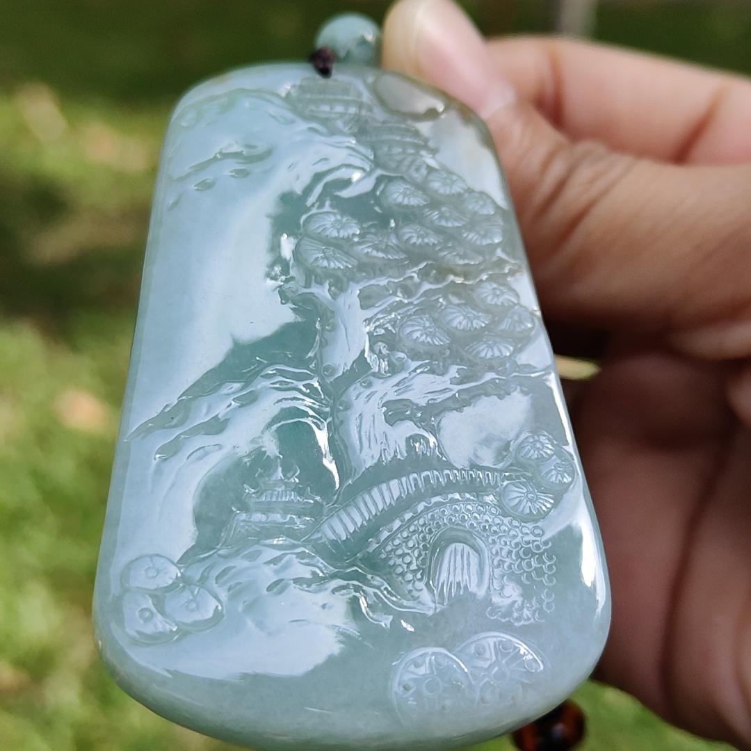 High Quality Light Green with Yellow Natural Type A Jadeite Jade crafted with sceneries as Pendant, certificate weighs 78.02 grams, measurement 66.1 * 40.5 * 13.3 mm (pendant280)