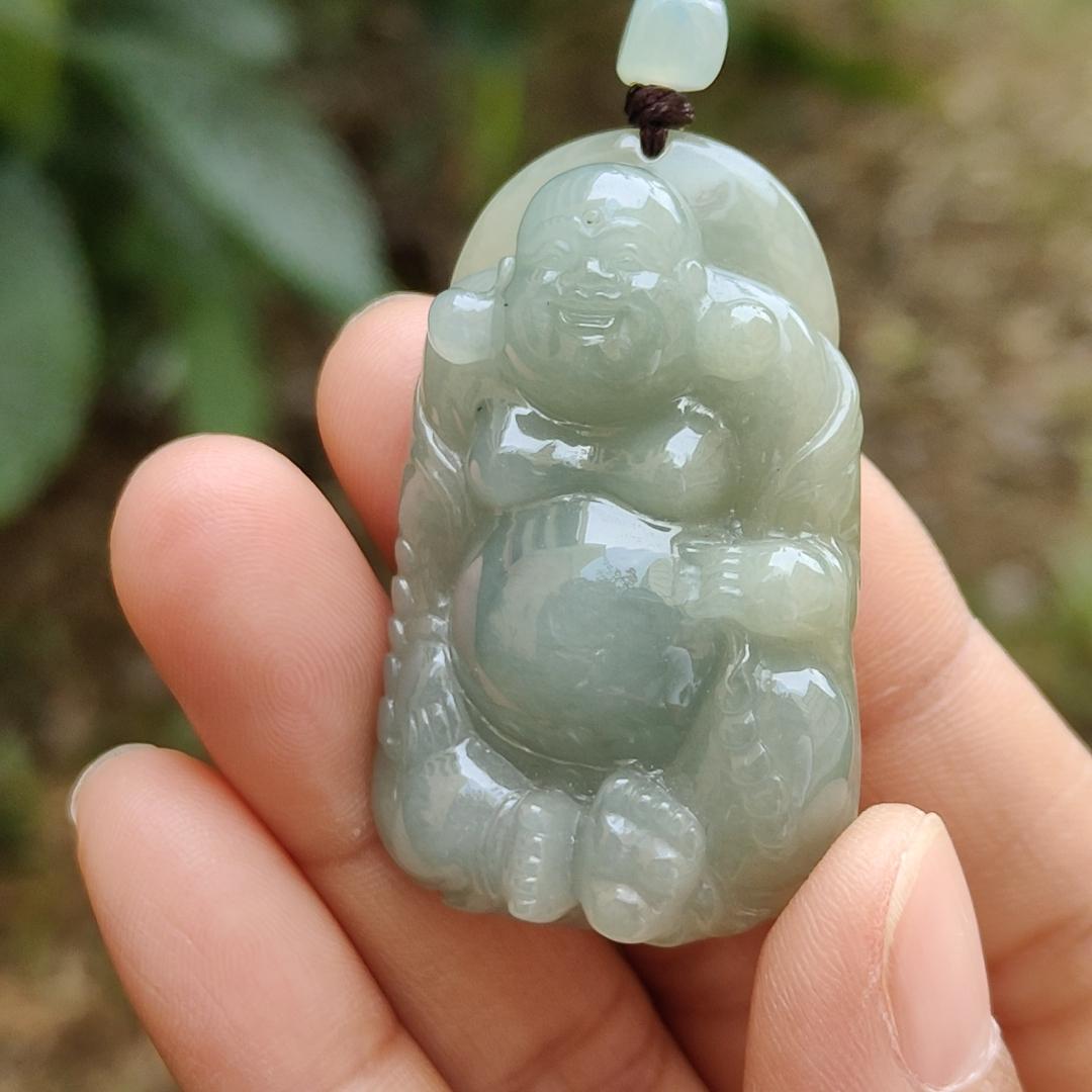 Light Green Natural Type A Jadeite Jade crafted with Milo Buddha as Pendant, certificate weighs 27.52grams, measurement 44.3 * 27.9 * 11.6 mm (pendant248)