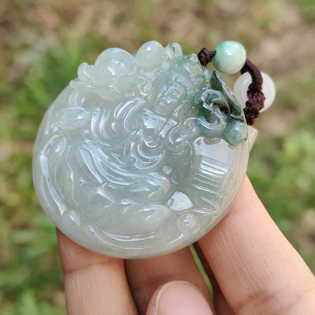 Light Green with Bluish Green Natural Type A Jadeite Pendant Necklace crafted with Guanyin Symbols of Peace, auspiciousness and longevity, certificate included weighs 36.23 grams, 45.8 * 45.8 * 9.1 mm, suitable for daily wear (pendant56)