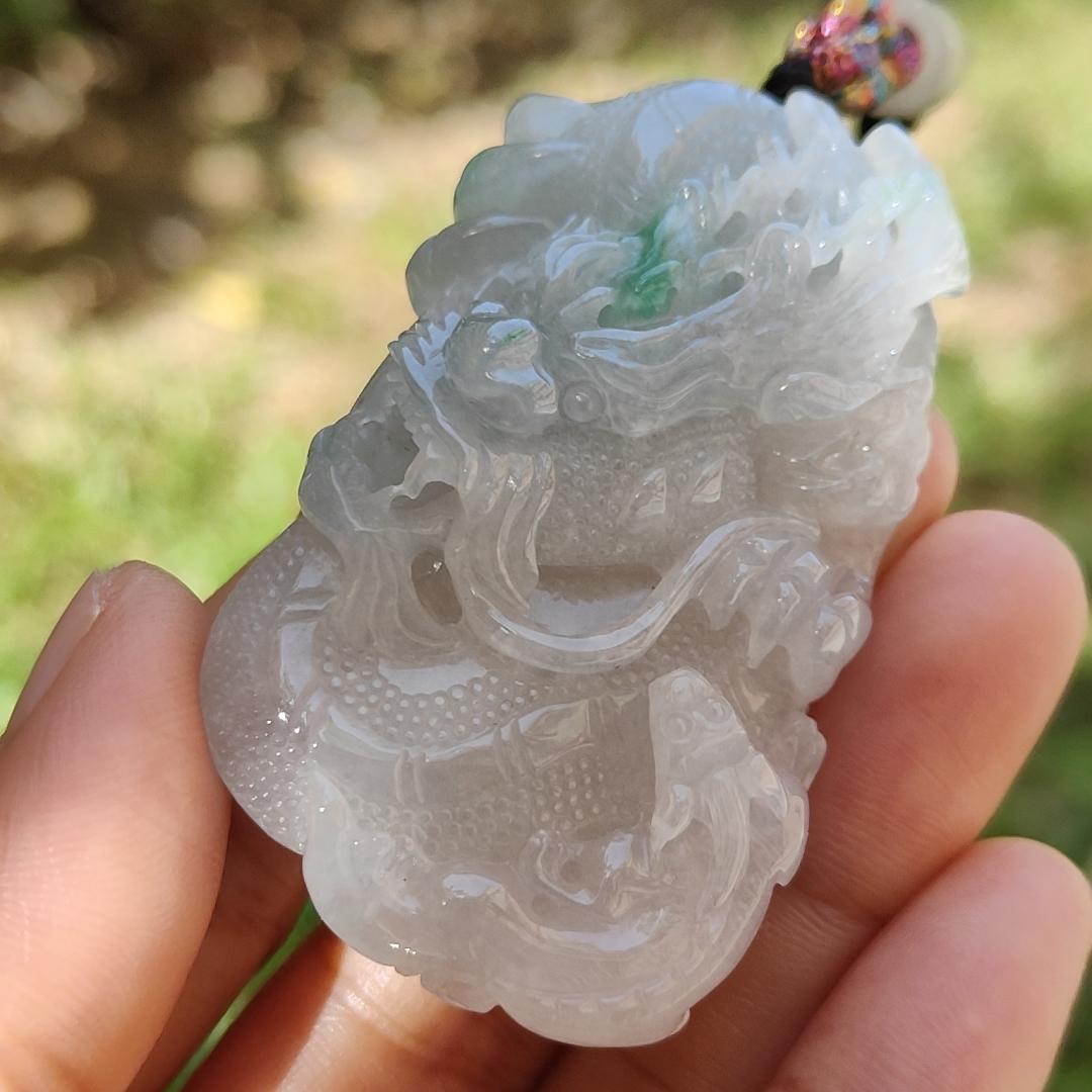 High Quality Semi Icy Translucent Light Green Light Lavender Natural Type A Jadeite Jade crafted with Dragon as Pendant, certificate weighs 35.24 grams, measurement 55.7 * 33.3 * 13.3 mm (pendant264)