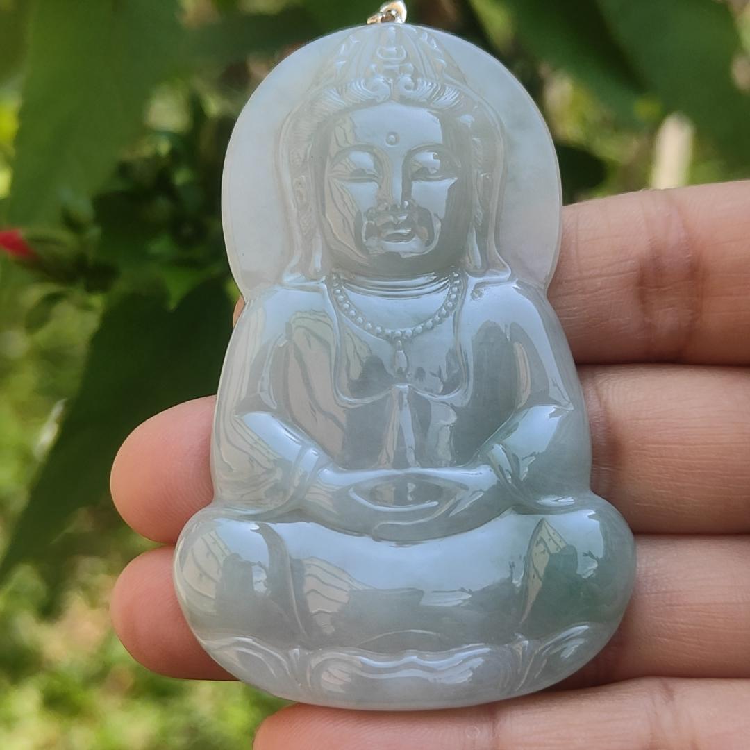 Old school Light Green Natural Type A Jadeite Jade Pendant Necklace Crafted as Guanyin with certificate weigh 33.21 grams, measurement 66 * 42.7 * 6.8 mm (pendant188)