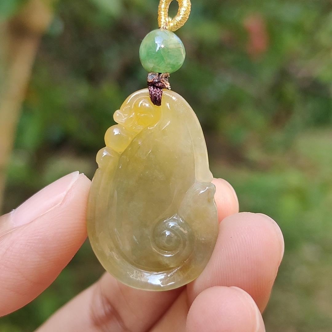 Rare Yellow Natural Type A Jadeite Jade crafted with Dragon Playing with Pearls as Pendant, certificate weigh 6.33 grams, measurement 32 * 21 * 6.5 mm (pendant217)