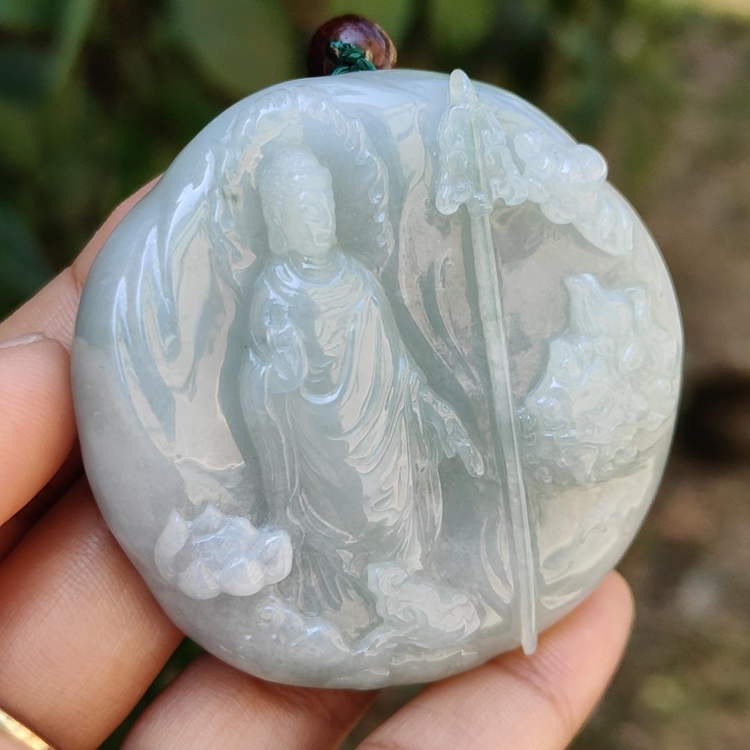 High Quality Light Green Hue Natural Type A Jadeite Jade crafted with Ksitigarbha Bodhisattva as Pendant, certificate weighs 70.75 grams, measurement 54.6 * 54.6 * 12.6 mm (pendant232)