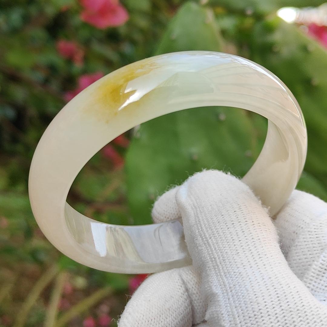 Very Rare Lemon-Yellow Patch Natural Type A Jadeite Jade crafted as Peace Bangle, certificate weighs 58.76 grams, measurement 15.3 * 7.1 * 56.4 mm (bangle9)