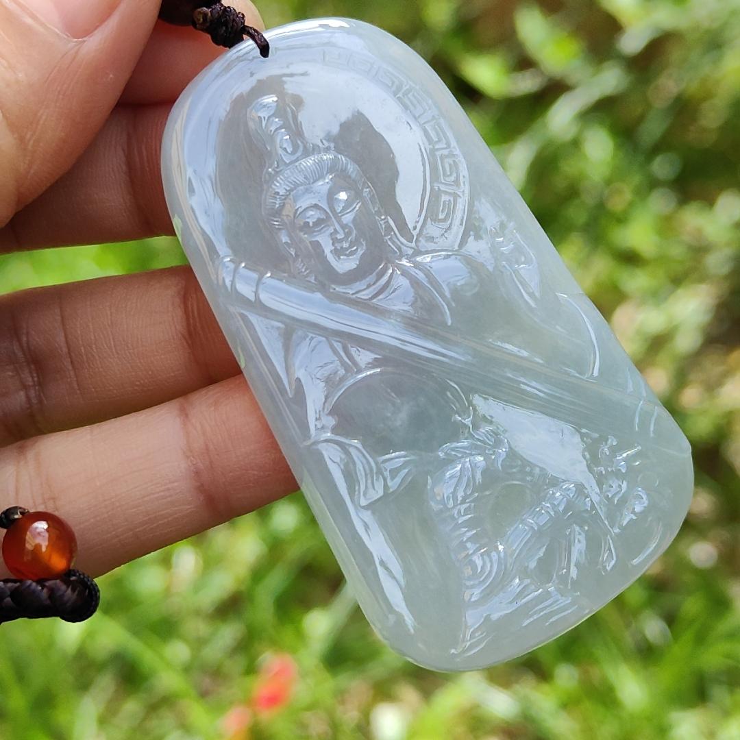 Light Lavender Very unique old Natural Type A Jadeite Pendant come with certificate Crafted with Guanyin and the monkey god with a hugh golden cudgel weight 33.74 grams, 62.80 * 35.70 * 6.30 mm suitable for daily wear or collection (pendant117)