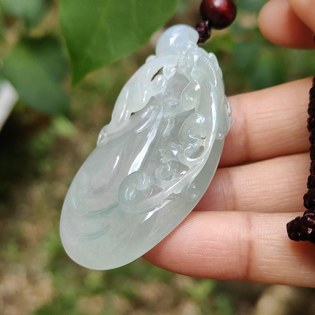 Limited Time Offer Semi Icy Premium Natural Type A Jadeite Jade crafted with pixiu as pendant, certificate weigh 30.20 grams, measurement 53.5 * 30.3 * 14.8 mm (pendant200)