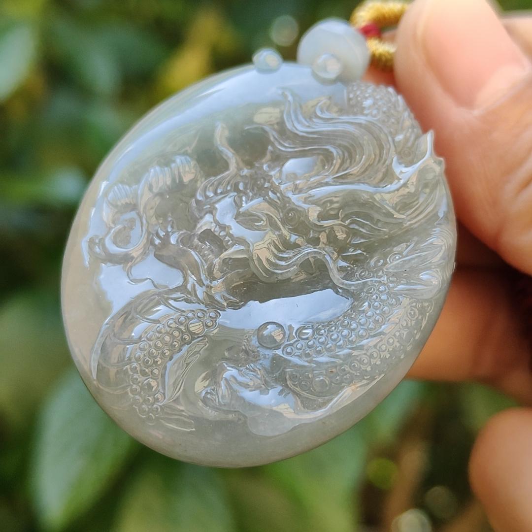 Light green with Brown fine quality Natural Type A Jadeite Pendant carved with dragon meaning wisdom, Auspiciousness, strength and independence with certificate weigh 41.21 grams, 46 * 40.60 * 10.80 mm, very suitable for daily wear (pendant91)