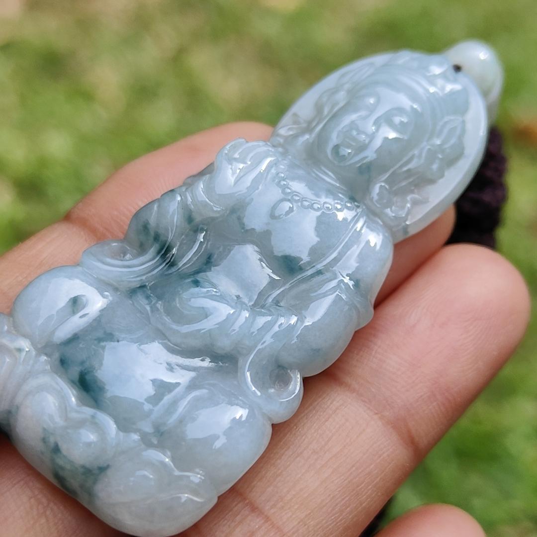 High Quality Light Green Floating Flower Natural Type A Jadeite Jade Crafted as Bodhisattva as Pendant, certificate weighs 19.12 grams, measurement 58.2 * 27 * 7.3 mm (pendant276)