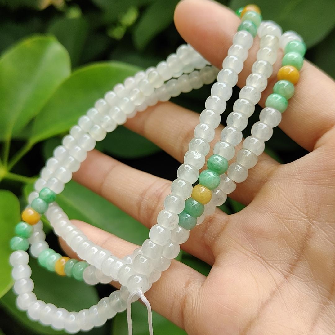 High Quality 90% Perfect 184 drum shape Icy * 154, Green * 24, Yellow * 6 Natural Type A Jadeite Jade Beads as Bracelet Necklace certificate weighs 49.19 grams, measurement 5.7 mm (bracelet29)