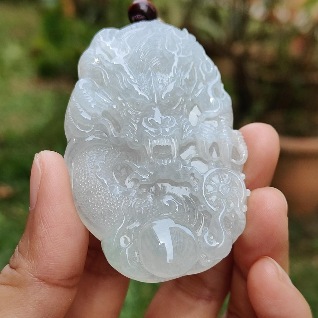 Semi Icy Premium Natural Type A Jadeite Jade crafted as Dragon with certificate weigh 49.63, measurement 64.8 * 42.5 * 10.5 mm (pendant190)