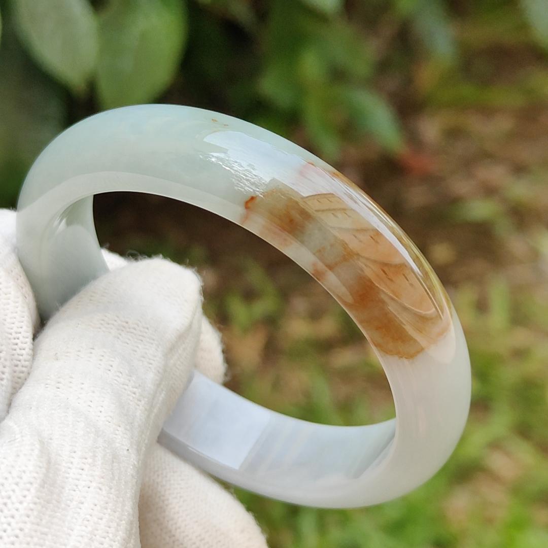 Premium Rare Quality Light Lavender and Light Green Hue with Brown patches Natural Type A Jadeite Jade crafted as Peace Bangle with certificate weighs 51.68 grams, measurement 13.2 * 7.3 * 54.8mm (bangle7)