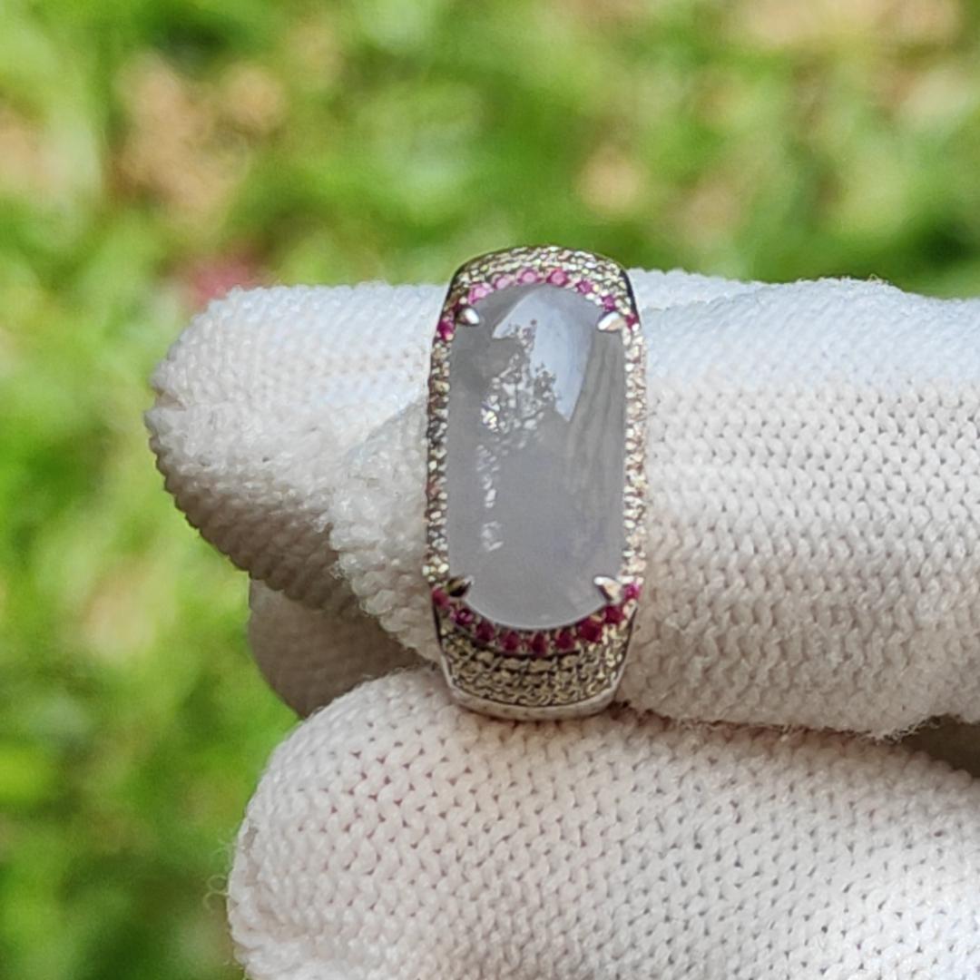 Premium Quality Light Lavender Natural Type A Jadeite Jade crafted as Cabochon 12.8 * 6.7 * 2.8mm,  set on 18k Gold with Ruby and Diamonds as Ring, Finger Size 15.5 mm, certificate weigh 3.22 grams (18kring23)